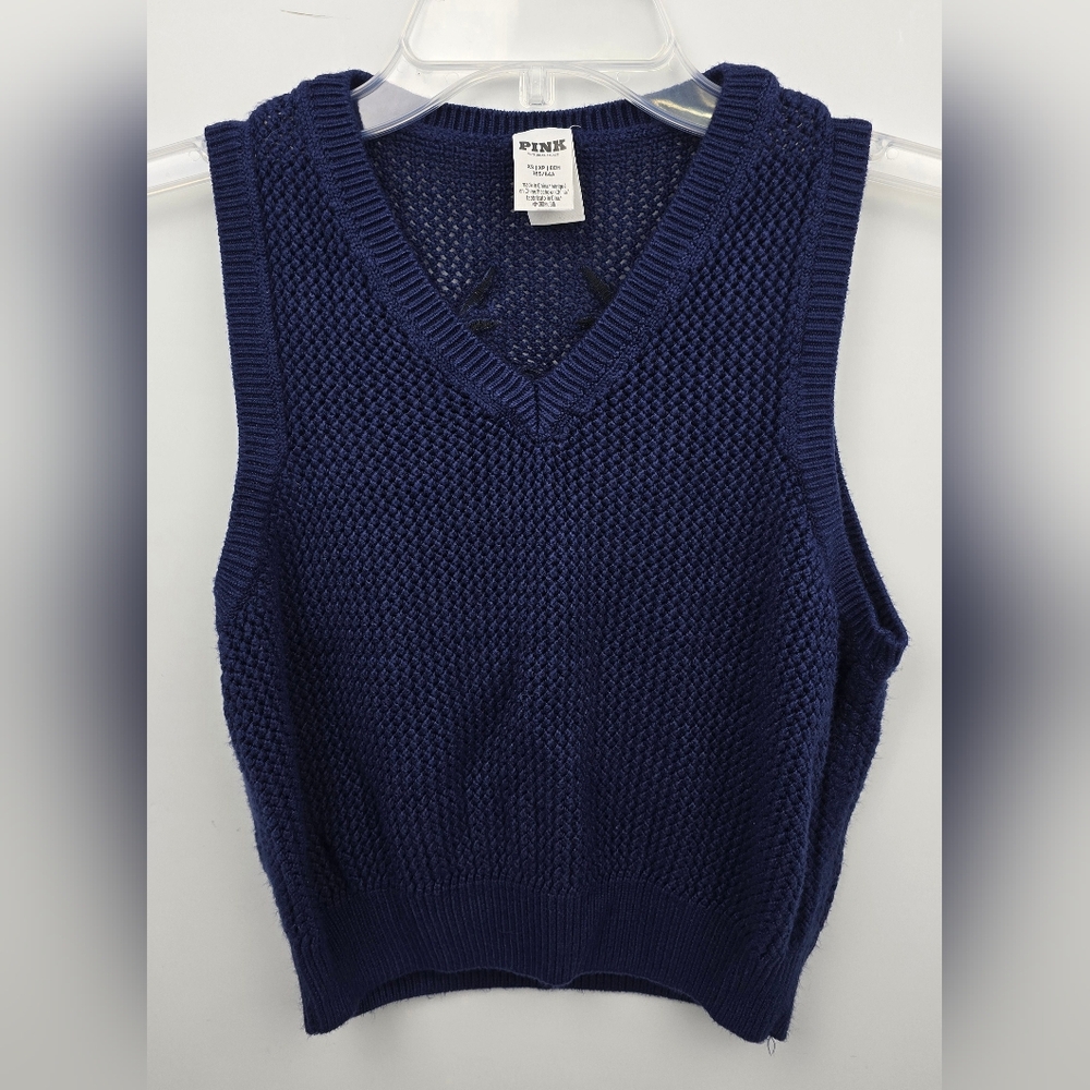 Pink by Victoria Secret Women Cambridge Knit Cropped Vest Navy Blue Size XS NWOT - Picture 4 of 13